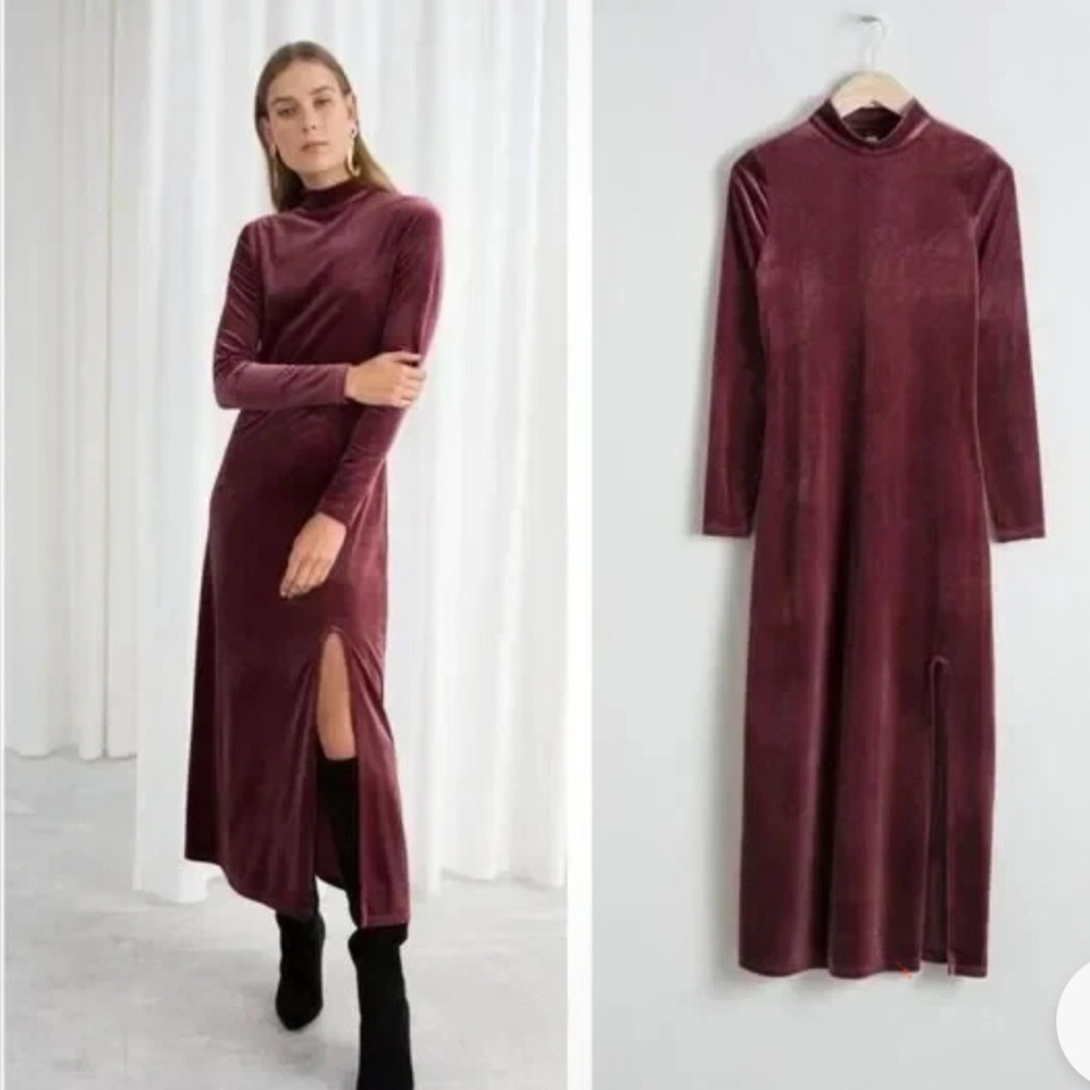 & Other Stories Velvet Turtleneck Midi Dress Burgundy Slit Long Sleeve Women's 4 - Picture 1 of 13